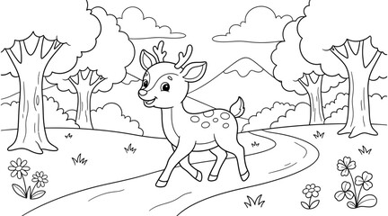 Fototapeta premium Cute Baby Deer Walking in Forest Landscape Coloring Page for Kids