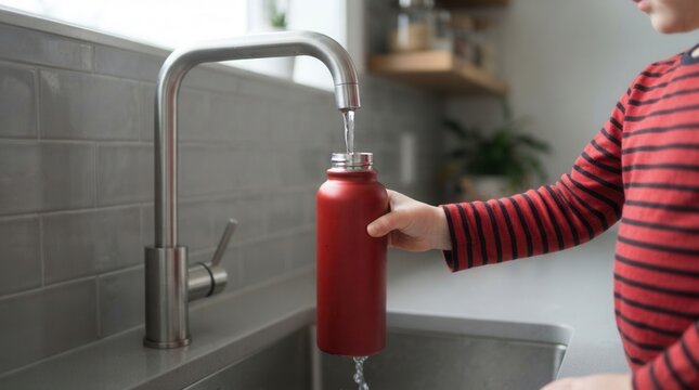 Child's hand refilling water bottle at stainless steel public drinking fountain station refill by childs