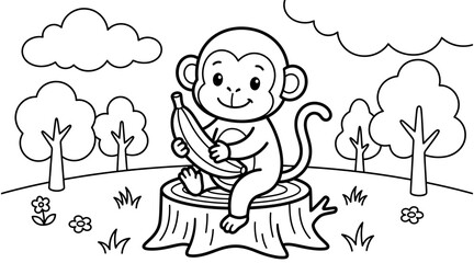 A delightful coloring page featuring a cheerful monkey enjoying a tasty banana while relaxing on a tree stump in a vibrant forest