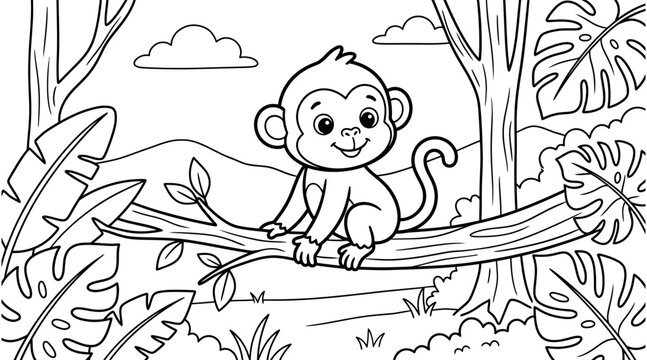A delightful coloring page featuring a charming baby monkey relaxing on a branch amidst lush tropical foliage and fluffy clouds
