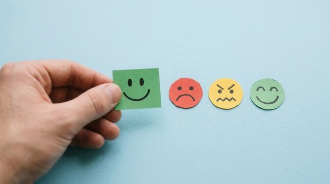 Client Experience Evaluation: Hand Holding Happy, Neutral, and Sad Icons for Customer satisfaction feedback happy neutral