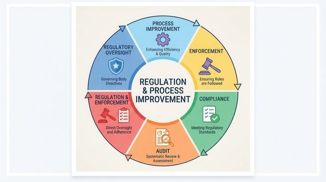 Compliance Audit and Legal Oversight Infographic: Regulatory Cycle Framework for Institutional Quality infographic connecting enforcement