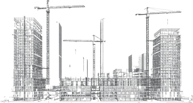 Construction site progress with tall high rise buildings and heavy cranes during residential development project phases