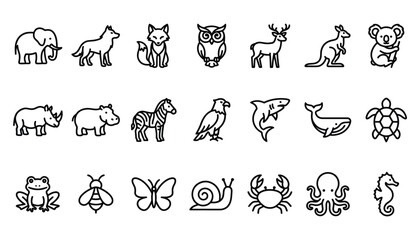 Fototapeta premium Comprehensive collection of wild zoo marine and insect animal outline icons linear vector graphic design illustration set