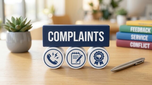 Concept of service dispute resolution and customer complaints management using icon stamps.