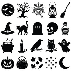 Fototapeta premium Halloween silhouette icons set featuring trees tombstones skulls potions and decorations