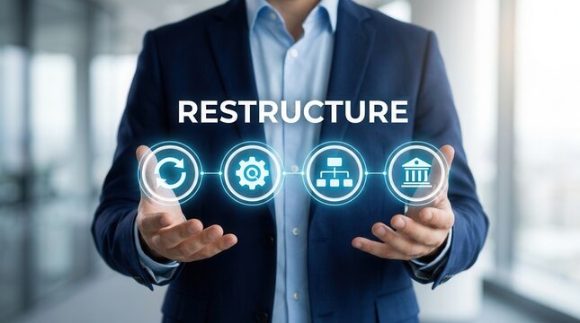 Corporate restructure concept featuring a businessman holding digital icons for process optimization.