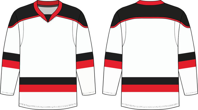 Technical hockey jersey template with black and red stripes for professional sports team uniform design layout