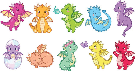 Obraz premium Cute Baby Dragon Character Vector Set Featuring Colorful Fairytale Monsters Hatching From Egg Breathing Fire and Sleeping for Kids Nursery Nursery Graphic Designs