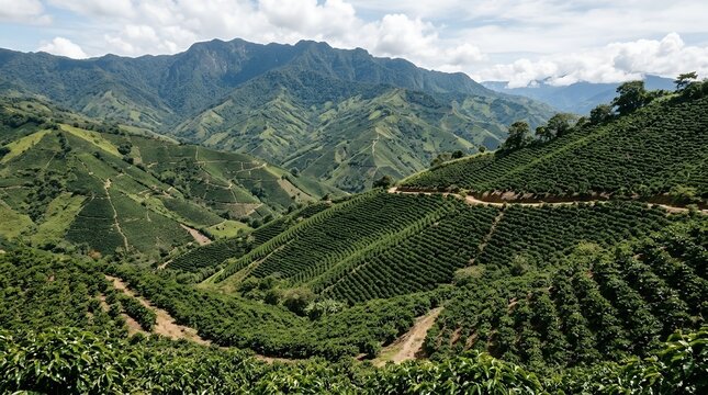 Stunning Panoramic View of Lush Green Coffee Plantations Nestled in Tropical Mountain Valleys Under a Cloudy Blue Sky