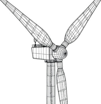 Technical wireframe model of a large wind turbine used for renewable energy and sustainable power generation