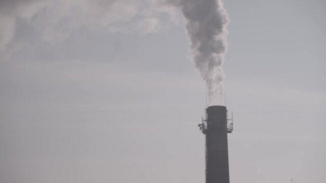 Timelapse of Thick Industrial Smoke Rising from Factory Chimney Under Overcast Sky