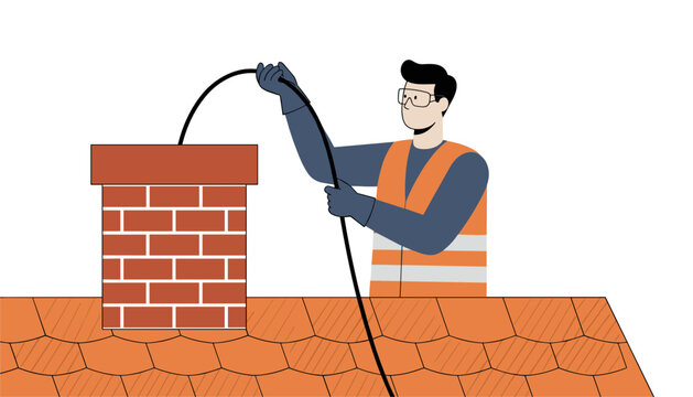 Maintenance worker in orange vest uses specialized cleaning equipment to service a residential brick chimney on a shingled rooftop surface.
