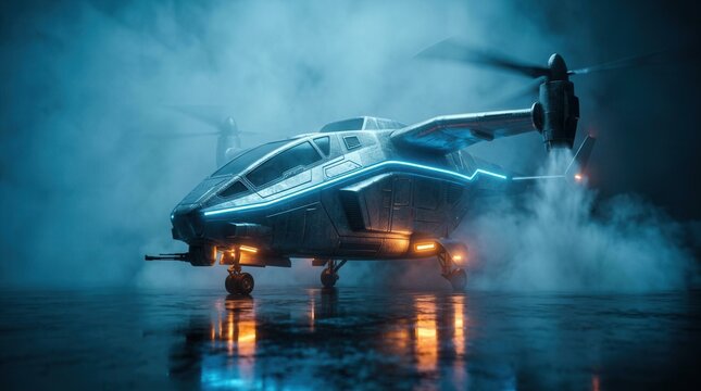 Ethereal fog surrounds a futuristic VTOL aircraft featuring glowing blue lights as it lands on a reflective surface.