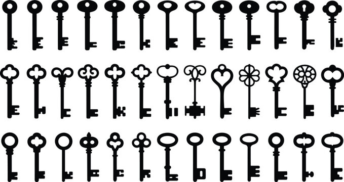Vintage skeleton keys set and collection, black and white antique old door key vector silhouette icon design