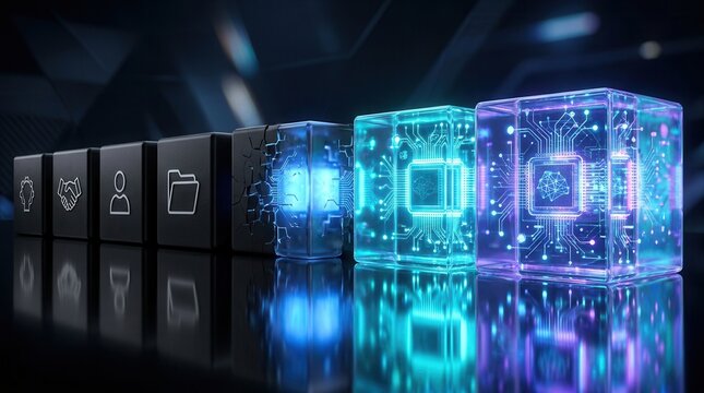 Futuristic microchip data cubes with glowing circuits representing digital transformation and AI integration.