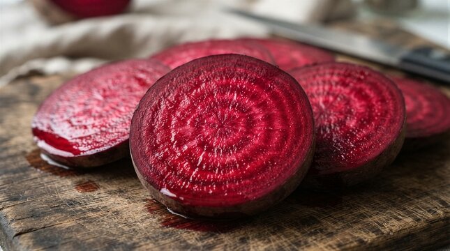 Sliced red beetroot on wooden cutting board with knife
