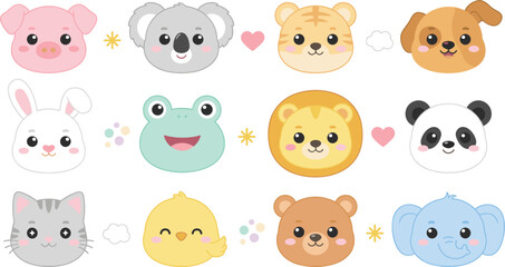 Obraz premium Cute Animal Avatar Vector Set Featuring Cartoon Faces of Pig Koala Tiger Dog Rabbit Frog Lion Panda Cat Chick Bear and Elephant for Nursery Designs