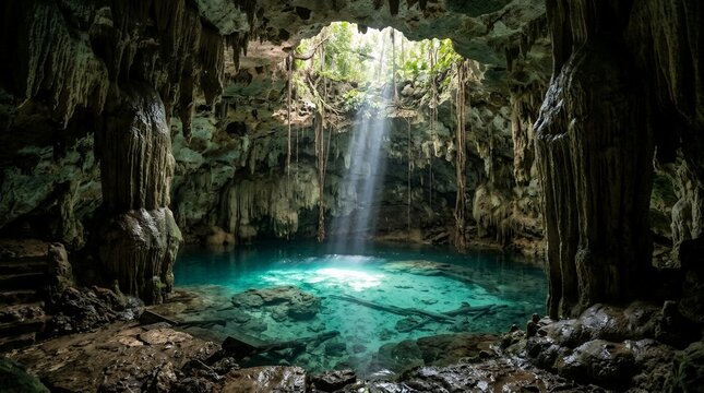Stunning underground cenote cave with sunlight rays illuminating turquoise water and ancient limestone formations.