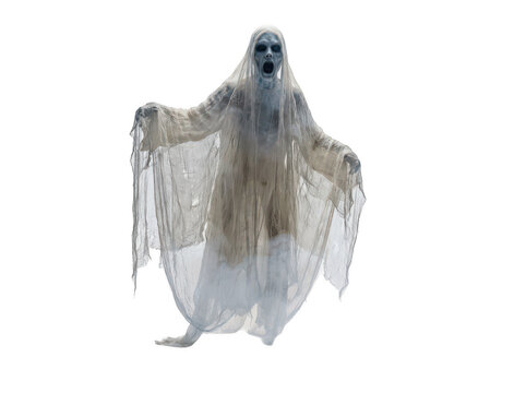 Scary white ghost floating with tattered robes for halloween