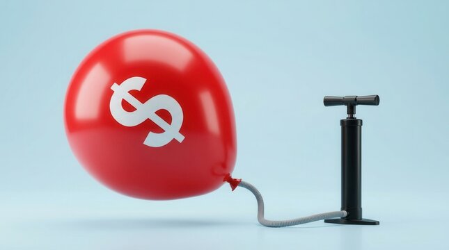 Growing red balloon with a dollar sign connected to a black air pump.