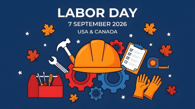 Labor Day 2026 celebration banner with construction tools and hard hat on blue background