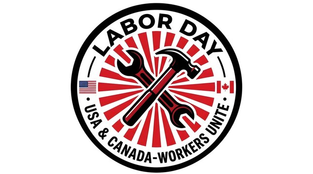 Labor Day badge with crossed hammer and wrench tools for USA and Canada workers