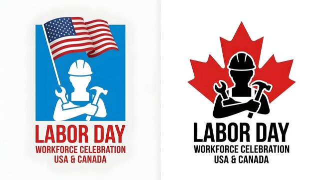 Labor Day celebration icons with American flag and Canadian maple leaf worker silhouettes