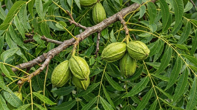 Green pecan nuts growing on a tree branch with pinnate leaves, close-up view of unripe pecan fruit clusters hanging from a woody stem in an orchard setting