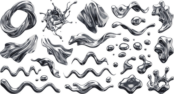 Abstract Liquid Metal Chrome Splash Vector Element Set Featuring Shiny Silver Metallic Mercury Drops Waves Ripples and Fluid Molten Flow Shapes