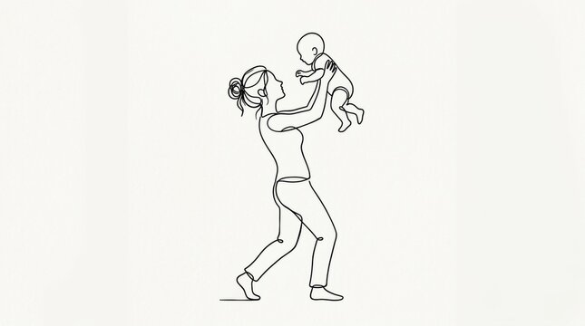 A simple black and white line art drawing of a mother lifting her happy baby high in the air