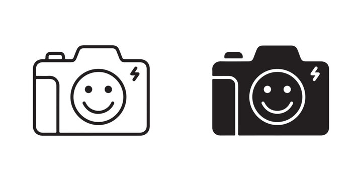 Happy smiling camera icons with lightning bolt symbol for photography and technology concepts isolated on transparent background