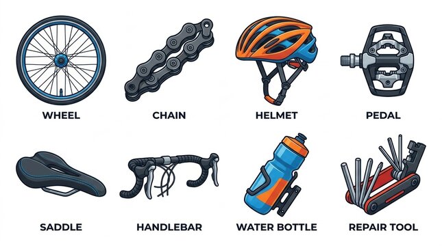 Set of bicycle parts and accessories including wheel helmet saddle and tools isolated on a clean white background