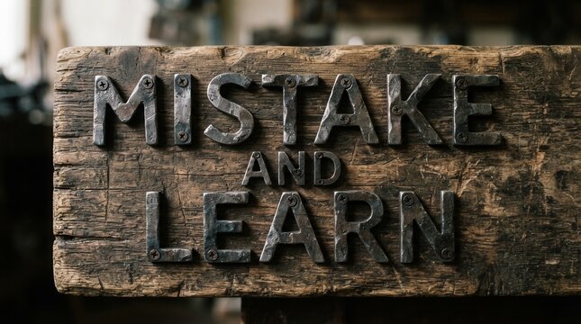 Mistake & Learning Message Engraved on Wood: Embracing Growth and Educational Development spelled with rustic nails