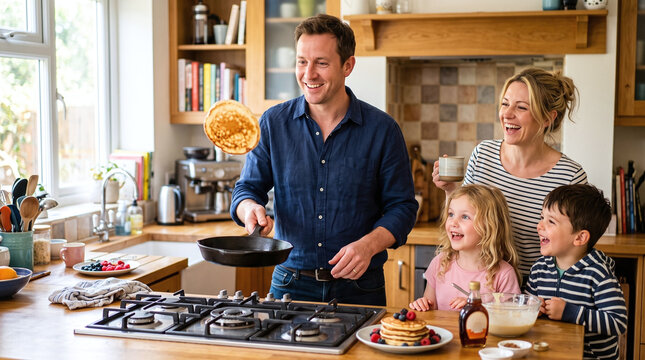 Happy family of four laughing while father flips pancakes in a cozy kitchen.