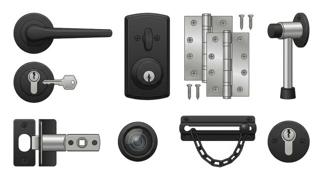 Collection of various modern door hardware components including handles locks hinges and security accessories isolated on white background