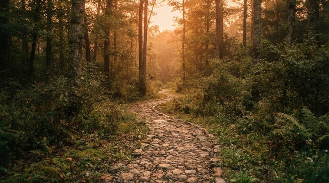 Misty morning on ancient stone trail in pine forest bathed golden path winding through