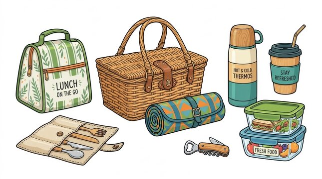 Watercolor illustration of picnic essentials including a wicker basket blanket lunch bag water bottle and food containers isolated
