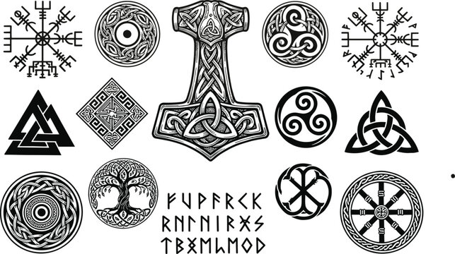 Ancient Norse and Celtic symbols bundle featuring Thors hammer Mjolnir Vegvisir compass valknut triskelion and runic alphabet vector