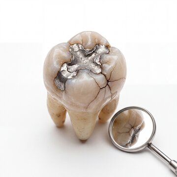 Human molar tooth with silver filling and cracks near a dentist mirror