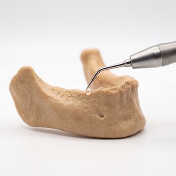 Professional dentist tool working on a human mandible bone model