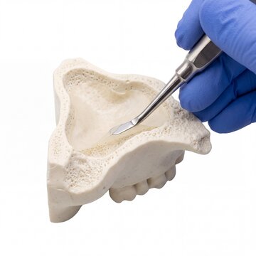 Professional dentist using surgical tool on dental bone model