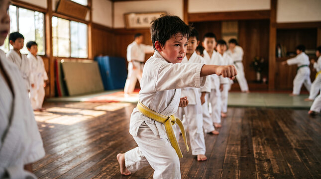 Young boy practicing karate punch in a traditional Japanese dojo class