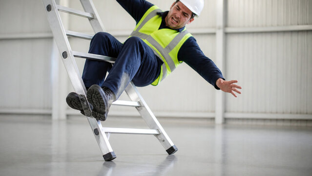 Construction worker slipping and falling off a ladder in a warehouse accident