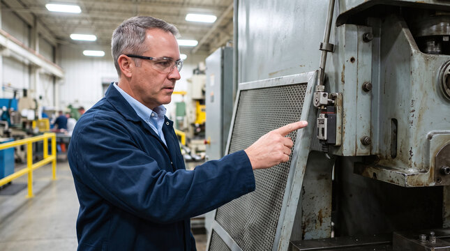 Safety inspector pointing at an interlock switch on industrial machinery