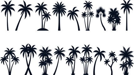Fototapeta premium Tropical Palm Tree Silhouette Collection Vector Set with Exotic Coconut Trees and Jungle Foliage Shapes for Summer Beach Vacation Travel Graphics