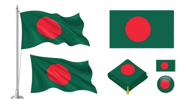 Set of bangladesh national flag designs including waving flags on poles flat rectangular icons and circular button style graphics