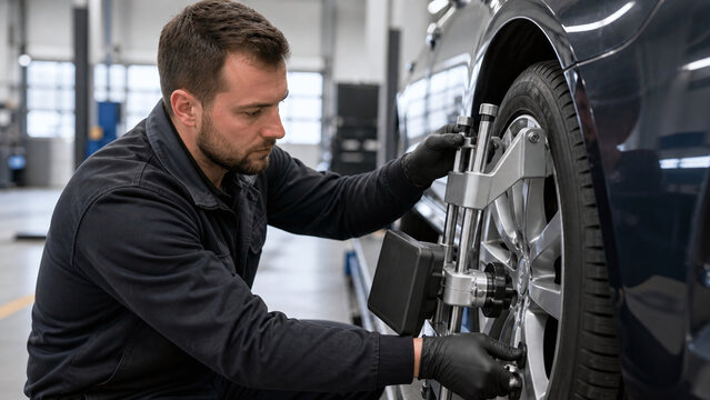 Professional mechanic fitting a wheel alignment clamp on a car tire in a garage