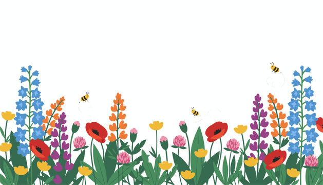 Spring wildflower border illustration featuring poppies, lupines, clover, and little bees on a white background.