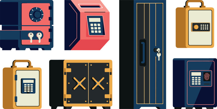 Flat design vector illustration icon set of modern electronic bank safes security locker cabinets digital deposit boxes and armored metal vaults with keypads